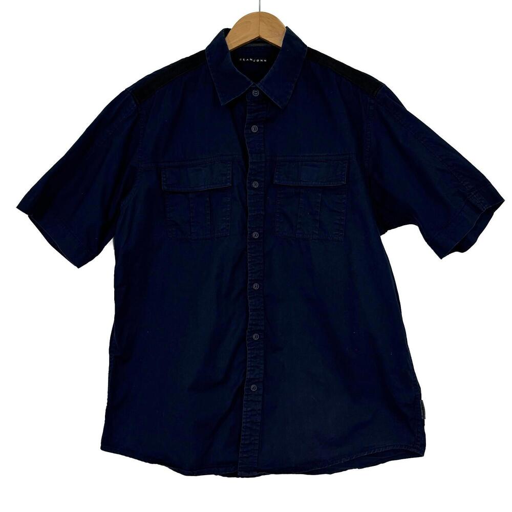 Sean John Men’s Size Large Blue Button Front Casual Short Sleeve Cotton Shirt